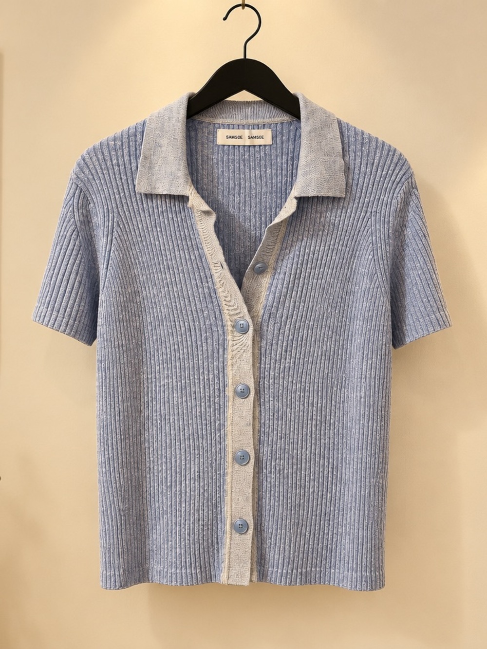 SAMSOE Light Blue Ribbed Short-Sleeve Button Shirt